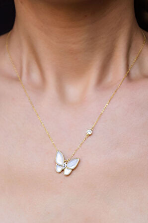 925 Ayar Gümüş Altın Kaplama Sedef Kelebek Kolye