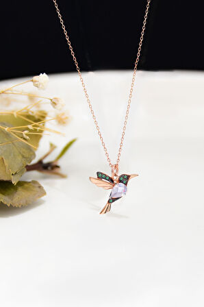 925 Ayar Gümüş Rose Kaplama Beyaz Yeşil Taşlı Kuş Kolye