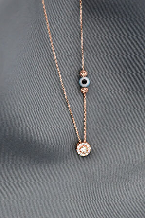 925 Ayar Gümüş Rose Kaplama Nazar Gözlü Dorika Toplu Tektaş Kolye