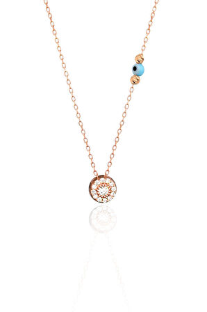 925 Ayar Gümüş Rose Kaplama Nazar Gözlü Dorika Toplu Tektaş Kolye