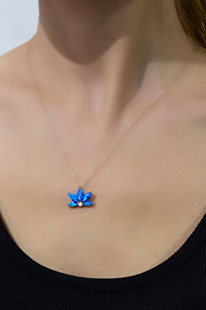 925 Ayar Gümüş Rose Kaplama Lacivert Opal Taşlı Lotus Kolye