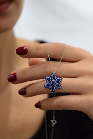 925 Ayar Gümüş Rodyum Kaplama Safir Damla Lotus Kolye