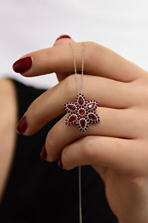 925 Ayar Gümüş Rodyum Kaplama Kırmızı Damla Lotus Kolye