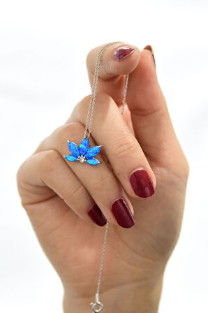 925 Ayar Gümüş Rodyum Kaplama Opal Taşlı Lotus Kolye