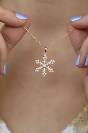 925 Ayar Gümüş Rose Kaplama Opal Taşlı Kar Tanesi Kolye