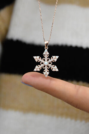 925 Ayar Gümüş Rose Kaplama Opal Taşlı Kar Tanesi Kolye