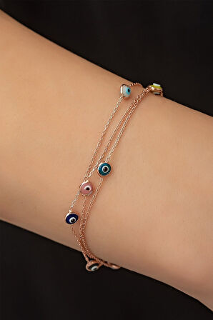 925 Ayar Gümüş Rose Kaplama Üç Sıra Renkli Nazargöz Tifany Bileklik