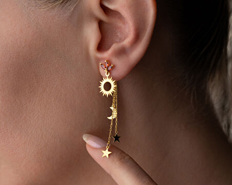 925 Ayar Güneş Ay Yıldız Sallantılı Doğum Taşlı Küpe 