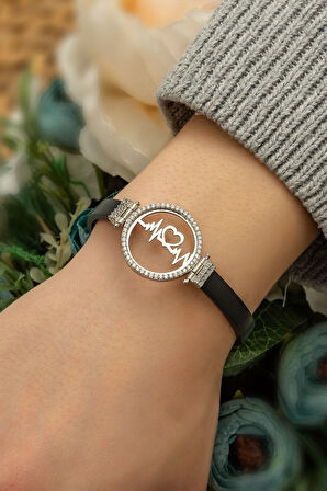 Deri Kordonlu Zirkon Halka Kalp Ritmi Bileklik 925 Ayar Gümüş