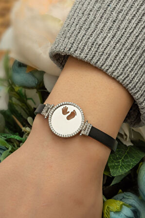 Deri Kordonlu Zirkon Halka Anne Çocuk El Ayak Bileklik 925 Ayar Gümüş