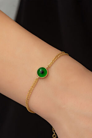 Yeşil Göz Bileklik Altın Kaplama 925 Ayar Gümüş Zincirli - Uvps200020