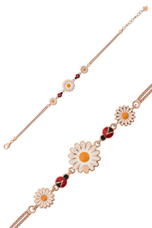 Süzme Papatya Uğur Böceği Renkli Mineli Rose Gold Kaplama 925 Ayar Gümüş Bileklik - Uvps200114