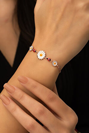 Süzme Papatya Uğur Böceği Renkli Mineli Rose Gold Kaplama 925 Ayar Gümüş Bileklik - Uvps200114
