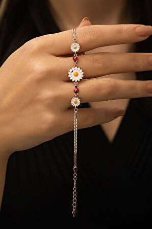 Süzme Papatya Uğur Böceği Renkli Mineli Rose Gold Kaplama 925 Ayar Gümüş Bileklik - Uvps200114