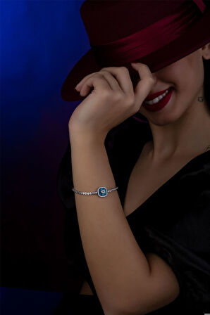 925 Ayar Gümüş Kare Mavi Gözlü Nazar Asansör Bileklik