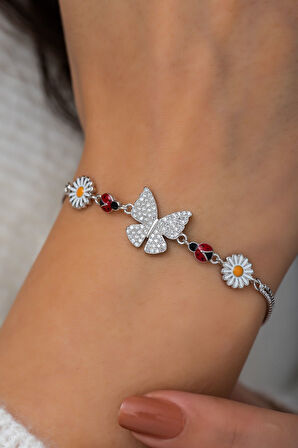 Kelebek Papatya Uğur Böceği Renkli Mineli Rodyum Kaplama 925 Ayar Gümüş Bileklik - Uvps200153