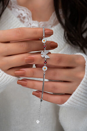 Kelebek Papatya Uğur Böceği Renkli Mineli Rodyum Kaplama 925 Ayar Gümüş Bileklik - Uvps200153