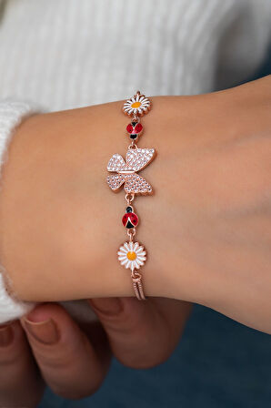 Kelebek Papatya Uğur Böceği Renkli Mineli Rose Gold Kaplama 925 Ayar Gümüş Bileklik - Uvps200155