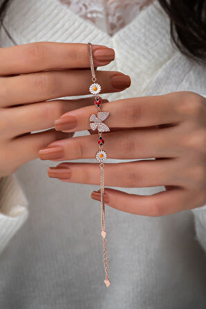 Kelebek Papatya Uğur Böceği Renkli Mineli Rose Gold Kaplama 925 Ayar Gümüş Bileklik - Uvps200155