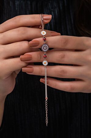 Nazargöz Papatya Uğur Böceği Renkli Mineli Rose Gold Kaplama 925 Ayar Gümüş Bileklik - Uvps200158