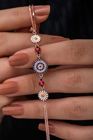 Nazargöz Papatya Uğur Böceği Renkli Mineli Rose Gold Kaplama 925 Ayar Gümüş Bileklik - Uvps200158