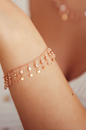 925 Ayar Rose Altın Kaplama Taşlı Gümüş Pul Bileklik