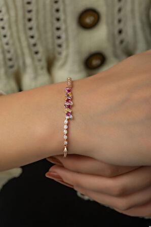 925 Ayar Rose Altın Kaplama Renkli Baget Taşlı Gümüş Bileklik