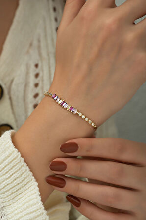 925 Ayar Altın Kaplama Renkli Baget Taşlı Gümüş Bileklik