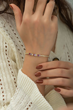 925 Ayar Altın Kaplama Renkli Baget Taşlı Gümüş Bileklik