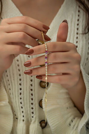 925 Ayar Altın Kaplama Renkli Baget Taşlı Gümüş Bileklik