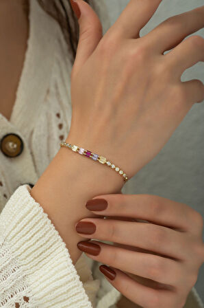 925 Ayar Altın Kaplama Baget Taşlı Gümüş Suyolu Bileklik