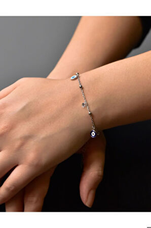 925 Ayar Gümüş Beyaz Ve Lacivert Göz Mineli Bileklik