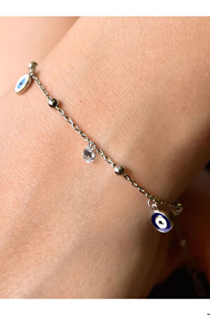 925 Ayar Gümüş Beyaz Ve Lacivert Göz Mineli Bileklik