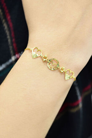 925 Ayar Gümüş Gold Kaplama Çift Kalp Kristal Kesim Bileklik