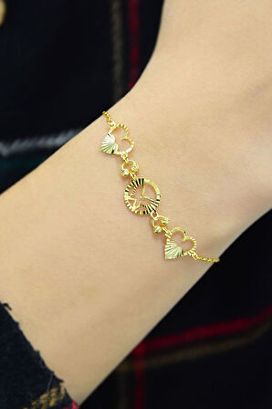 925 Ayar Gümüş Gold Kaplama Çift Kalp Kristal Kesim Bileklik