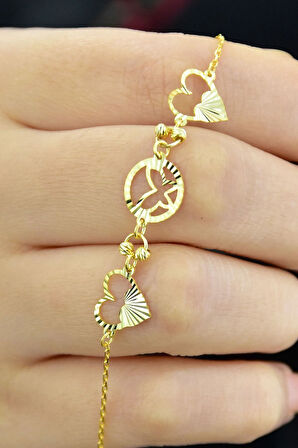 925 Ayar Gümüş Gold Kaplama Çift Kalp Kristal Kesim Bileklik