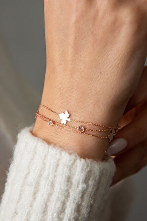 Kadın Yaprak Detaylı Zirkon Taş Model Rose Kaplama 925 Ayar Gümüş Bileklik