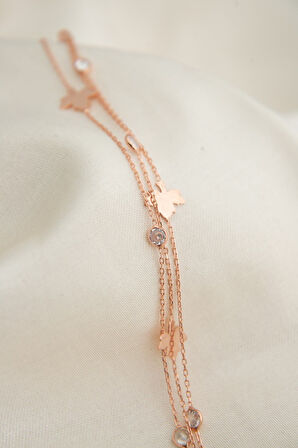 Kadın Yaprak Detaylı Zirkon Taş Model Rose Kaplama 925 Ayar Gümüş Bileklik