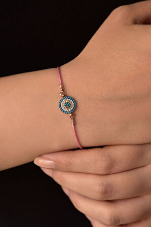 925 Ayar Gümüş Firuze Taşlı Pembe İpli Nazar Kadın Bileklik