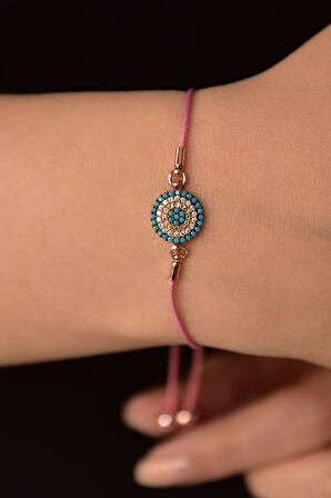 925 Ayar Gümüş Firuze Taşlı Pembe İpli Nazar Kadın Bileklik