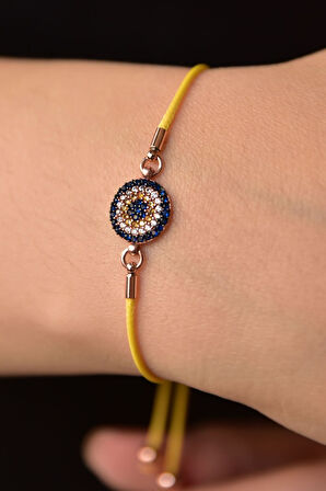 925 Ayar Gümüş Zirkon Taşlı Sarı Ipli Nazar Kadın Bileklik