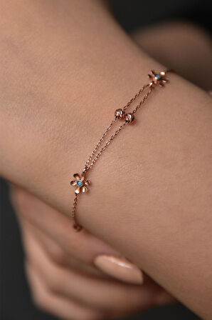 925 Ayar Gümüş Dorika Toplu Firuze Papatya Kadın Bileklik