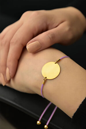 925 Ayar Gümüş Altın Kaplama Lila Ipli Asansörlü Plaka Kadın Bileklik
