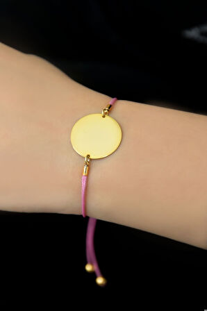925 Ayar Gümüş Altın Kaplama Lila Ipli Asansörlü Plaka Kadın Bileklik