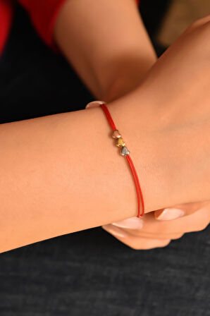 925 Ayar Gümüş Kırmızı Ipli Üç Kalp Kadın Bileklik