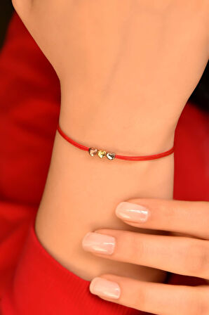 925 Ayar Gümüş Kırmızı Ipli Üç Kalp Kadın Bileklik