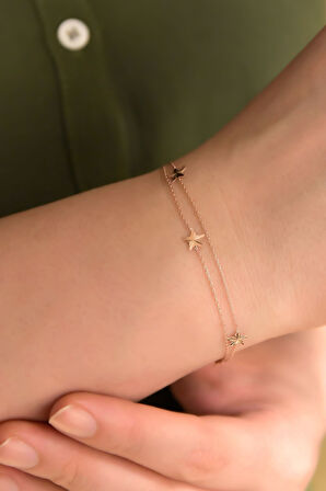 925 Ayar Gümüş Rose Kaplama Üç Yıldız Kristal Kesim Iki Zincir Bileklik