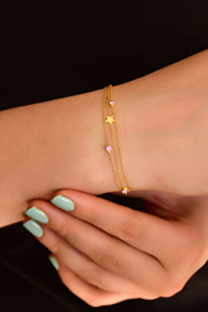 925 Ayar Gümüş Altın Kaplama Pembe Taşlı Yıldız Zincir Bileklik