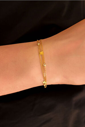 925 Ayar Gümüş Altın Kaplama Beyaz Taşlı Yıldız Zincir Bileklik