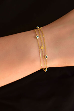 925 Ayar Gümüş Altın Kaplama Beyaz Gözlü Mine Yıldız Zincir Bileklik